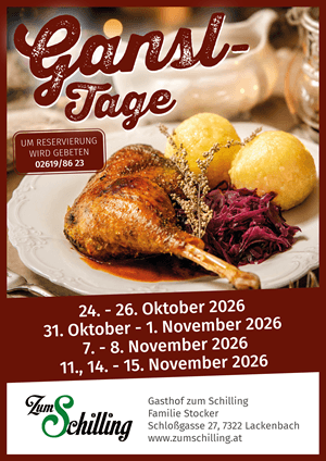 Gansltage beim Gasthof zum Schilling mit gebratener Gans, Knödeln und Rotkraut an mehreren Terminen von 24. Oktober bis 15. November 2026