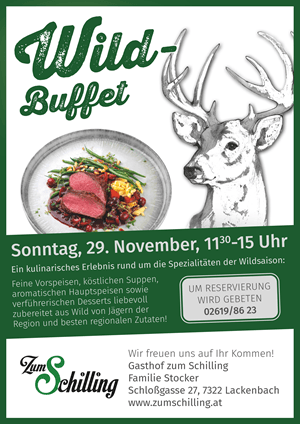Wildbuffet beim Gasthof zum Schilling am Sonntag, 29. November 2026, mit regionalen Wildspezialitäten